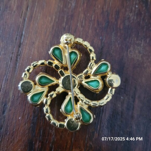 Vintage gold tone clear rhinestone aqua green flower brooch pin - Picture 3 of 5